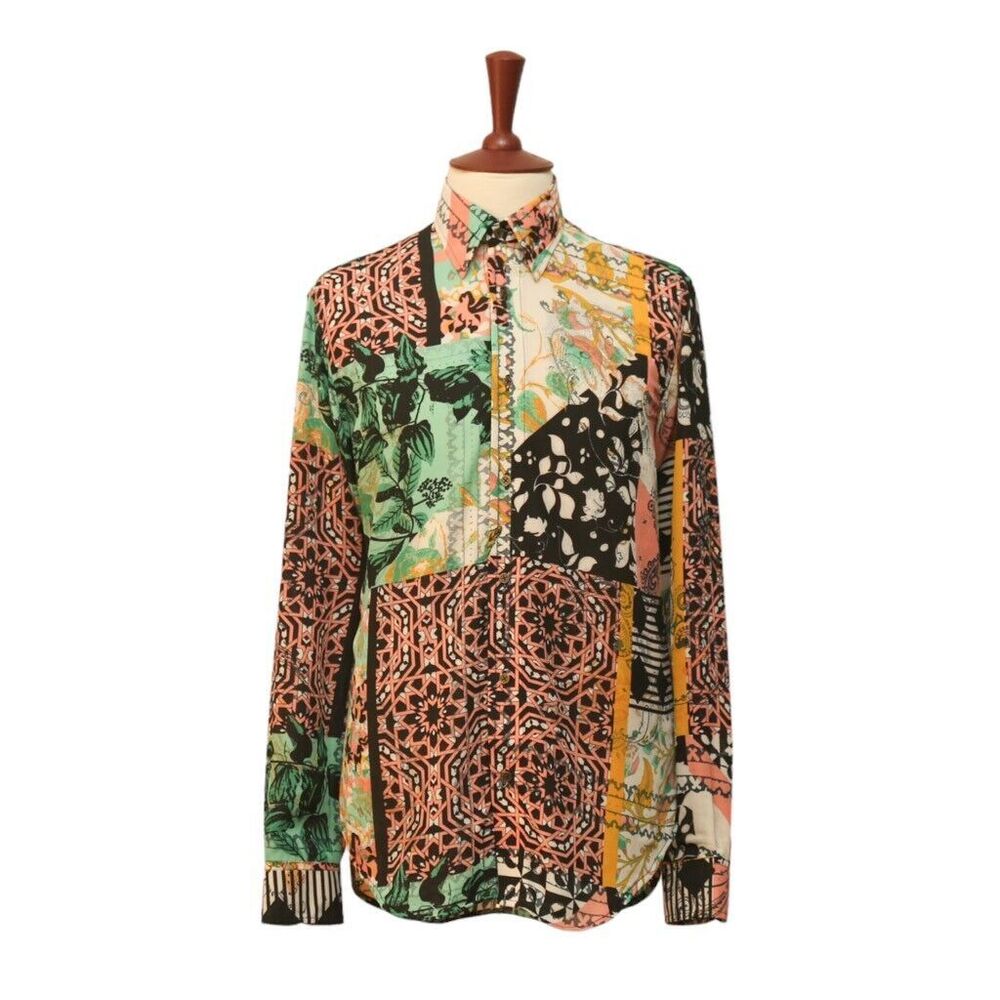 Mens Silky Shirt Button Up Multicolor Abstract Geometric Hawaiian Casual Medium